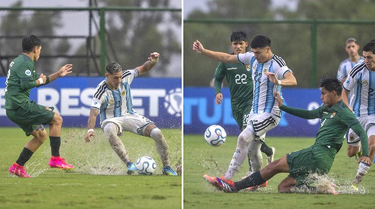 Jugadores de Bolivia y Argentina disputan el balón durante el partido. | AFA.